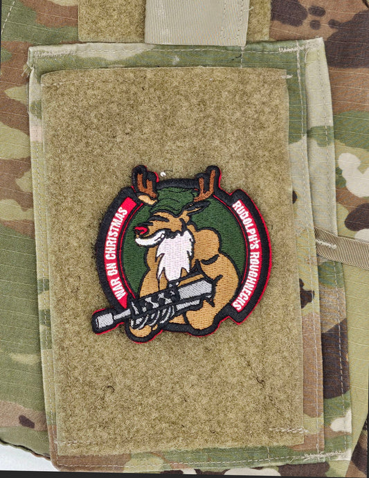 A reindeer with a machine gun. It reads War on Christmase Rudolph's Roughnecks"