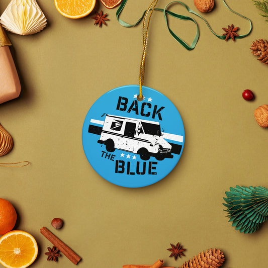 Circular ornament with a van graphic and 'Back the Blue' text on a blue background with decorative elements.