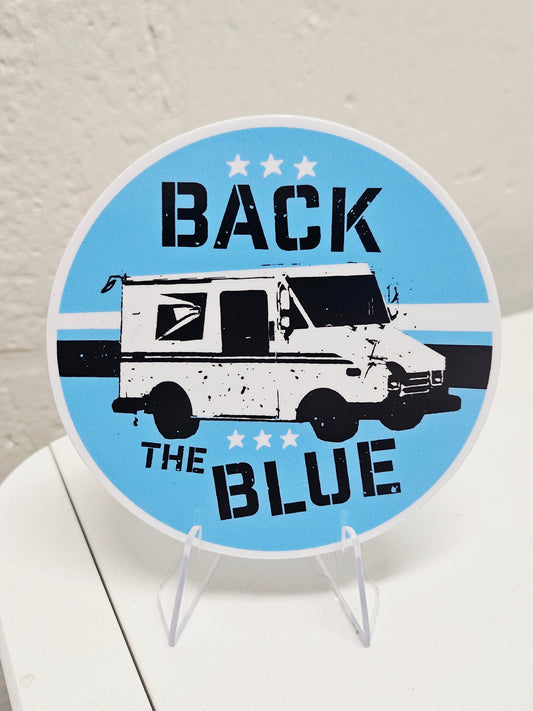 Sticker with a postal van and 'Back the Blue' text on a blue background